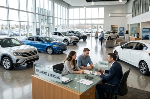 DriveWise lending specialist reviewing a car loan application with a client in a bright modern office